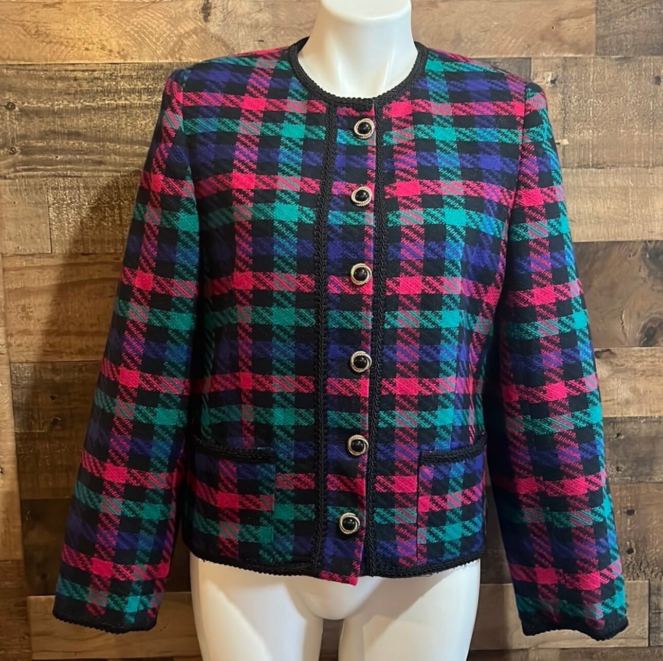 Vintage 90s Funky Colorful Bright Pink Purple Black Teal Plaid Jacket Blazer 8