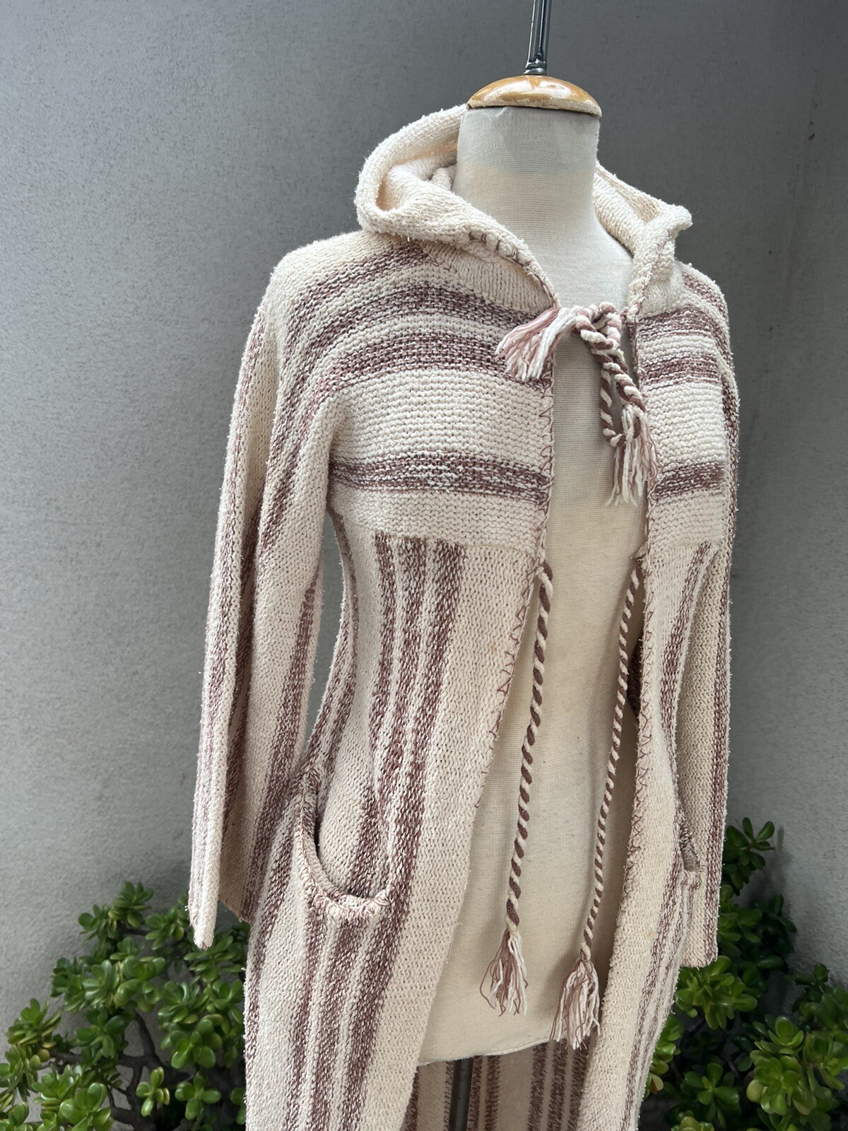 Vtg Boho Cardigan Long Duster Sweater S/XS Stripes Hood Pockets International