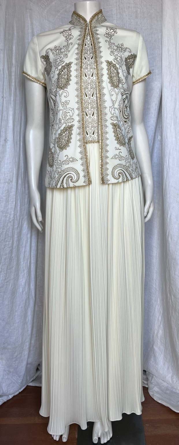 Vintage 60s 70s Long Dress Gown Jacket Set Asian Hawaiian Elegant Gold Ivory Sml