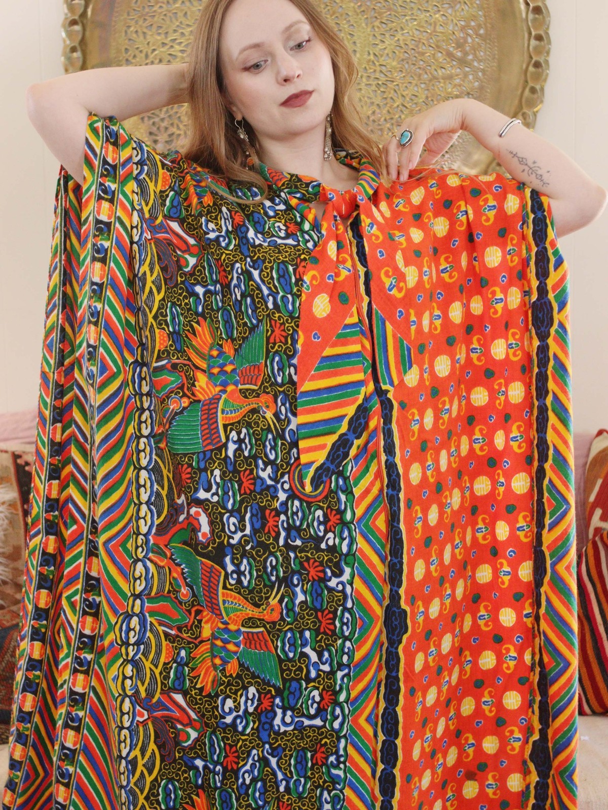 1960s Maxi Caftan Poncho Cape Psychedelic Pussy Bow Neck Phoenix Print Freesize