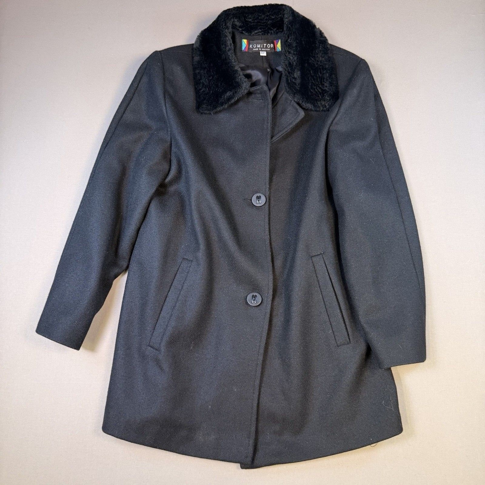 Komitor Stunning Women’s 10P Black Wool Faux Fur Trim Warm Coat Made in USA