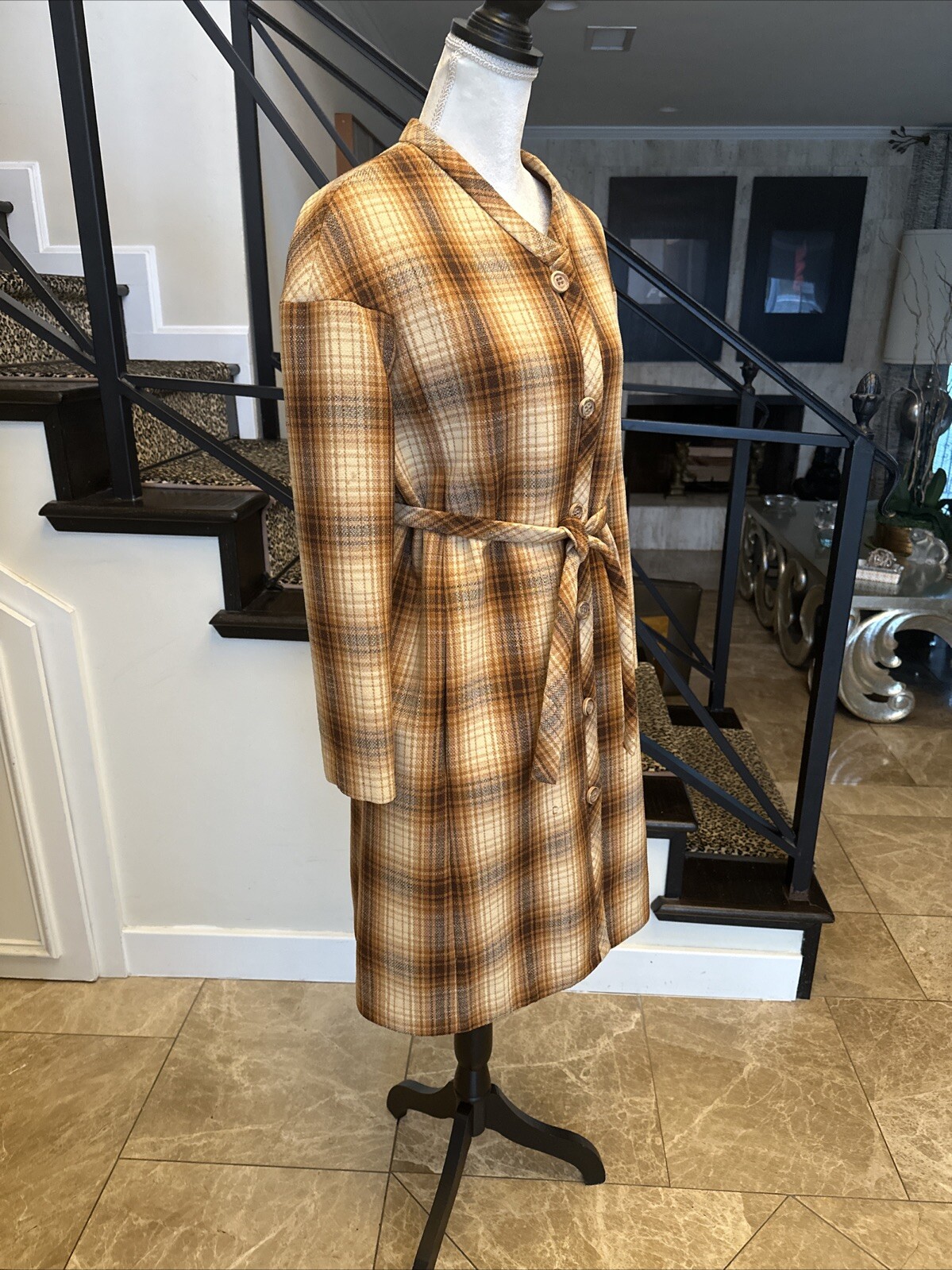 Jacques Tiffeau 60s Brown Tones Wool Blanket Plaid Coat & Pleated Skirt Set S