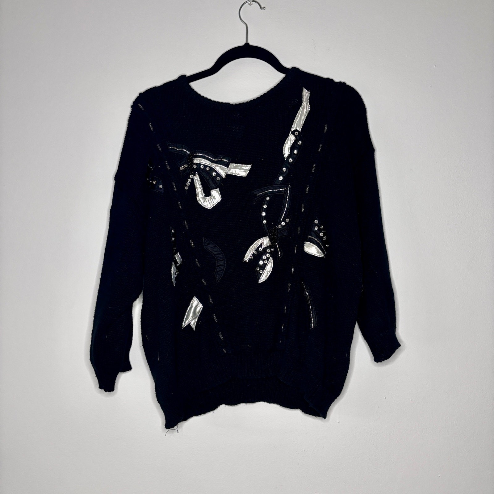 Vintage 1980s Shenanigans Black Sweater Appliqué Embroidery Beaded Mod Large