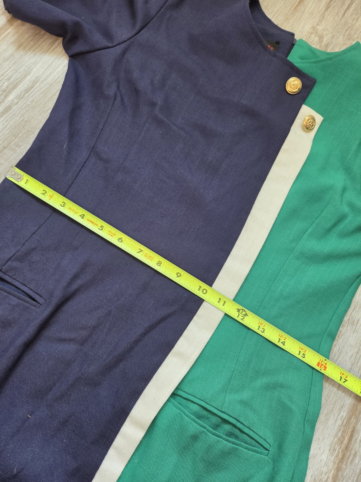 Vintage Damon II Colorblock Sheath Dress Navy Green Gold Button USA Size 10 EUC