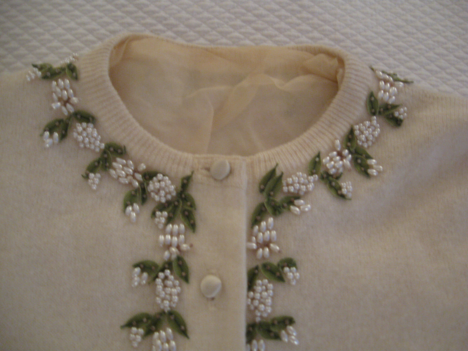 Vintage Dalton Virgin Cashmere Cardigan Sweater- Ivory, Silk Applique & Beadwork