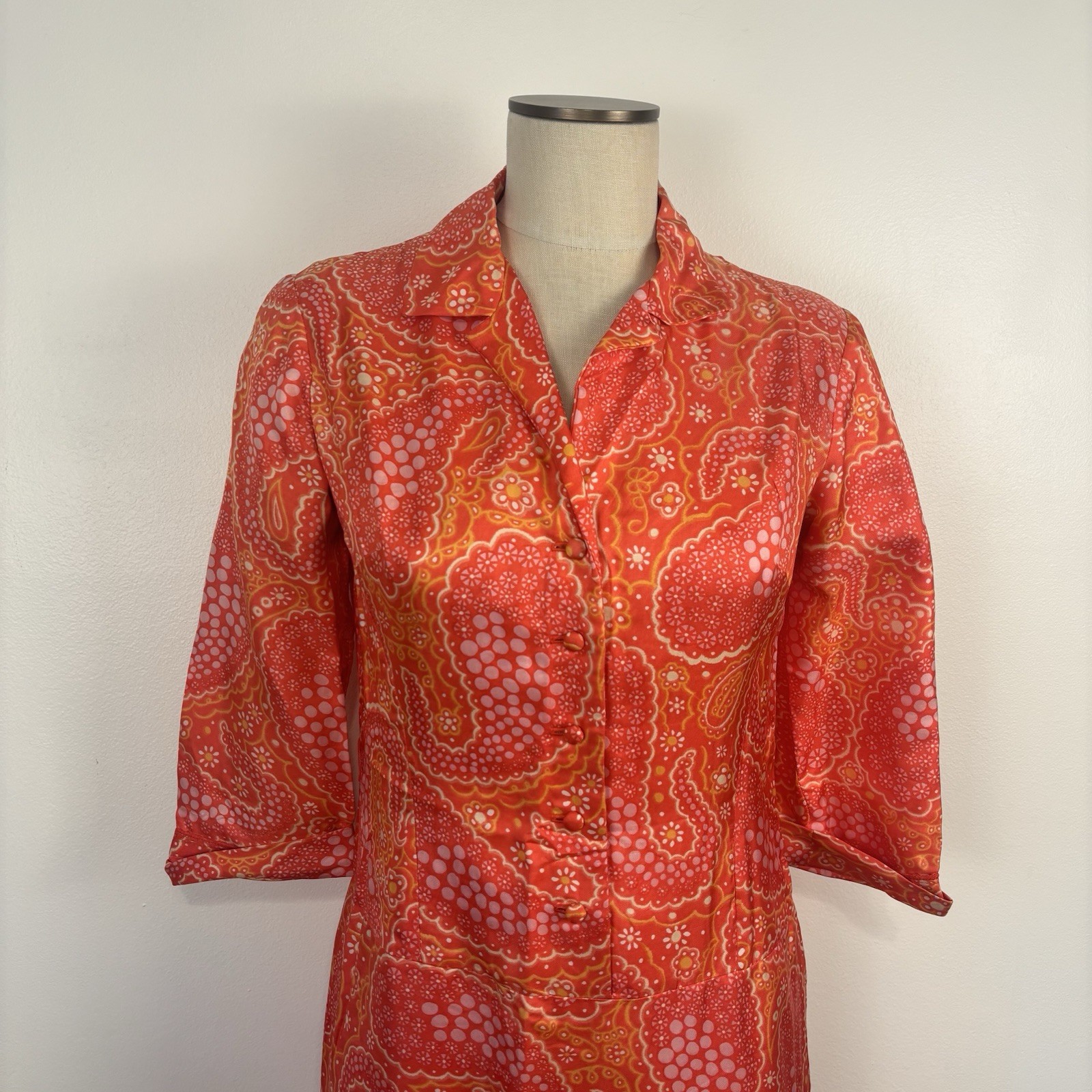 VTG 60s Mod Sheath Dress Orange Pink Psychedelic Paisley Silky Union Made S/6