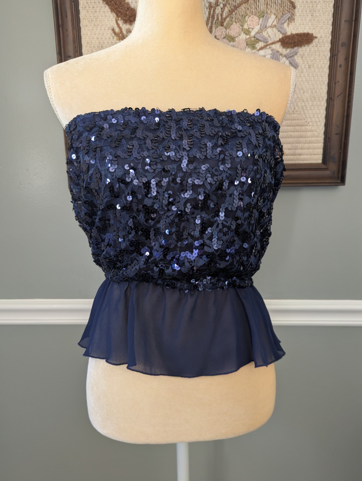 Vintage 70s Frere Jacques Navy Metallic Sequin Glitter Disco Tube Top Strapless
