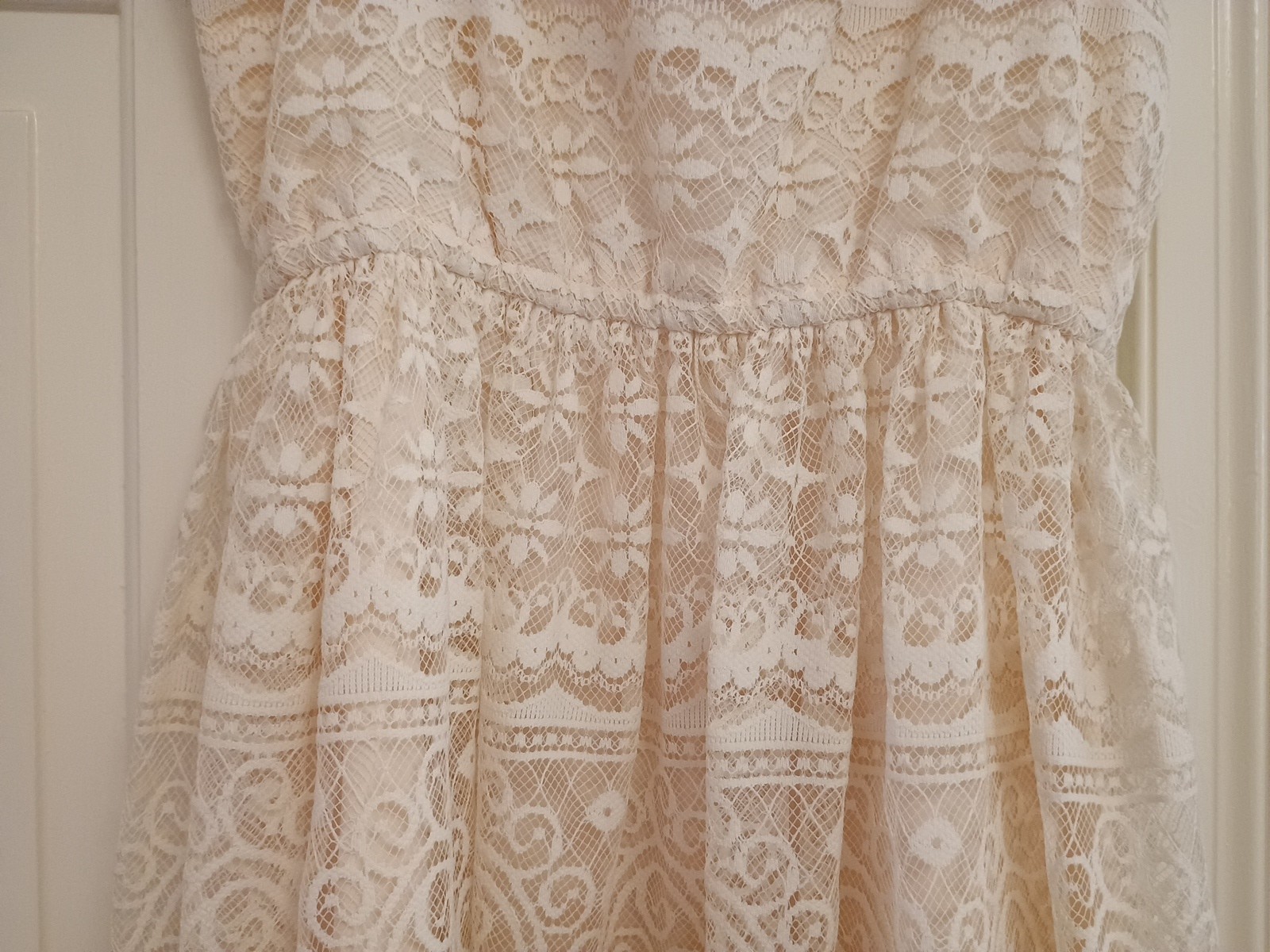 Vtg FAB 60s Themes Cream Lace Ribbon Dress & Jacket 2 pc set Party Wedding XS