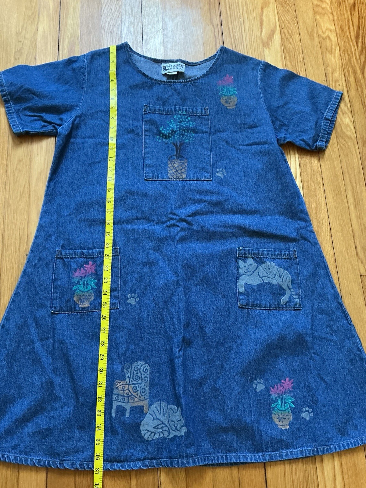 Vintage Rama USA Denim Dress Pockets Smock Hand Painted Cats Plants Comfy Boho L