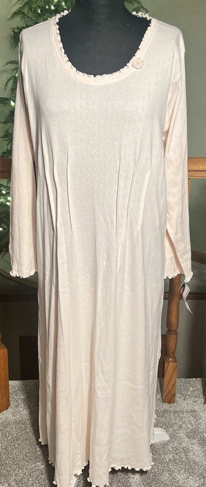 Vintage Exquisite Shadowline XL Long Pink Cotton Blend Long Sleeve Gown NWT