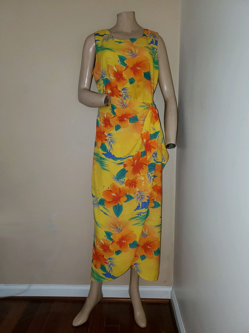 Vintage 80s 90s K.C. Spencer Yellow/Orange Tropical Floral Hawaiian Faux Wrap Ma