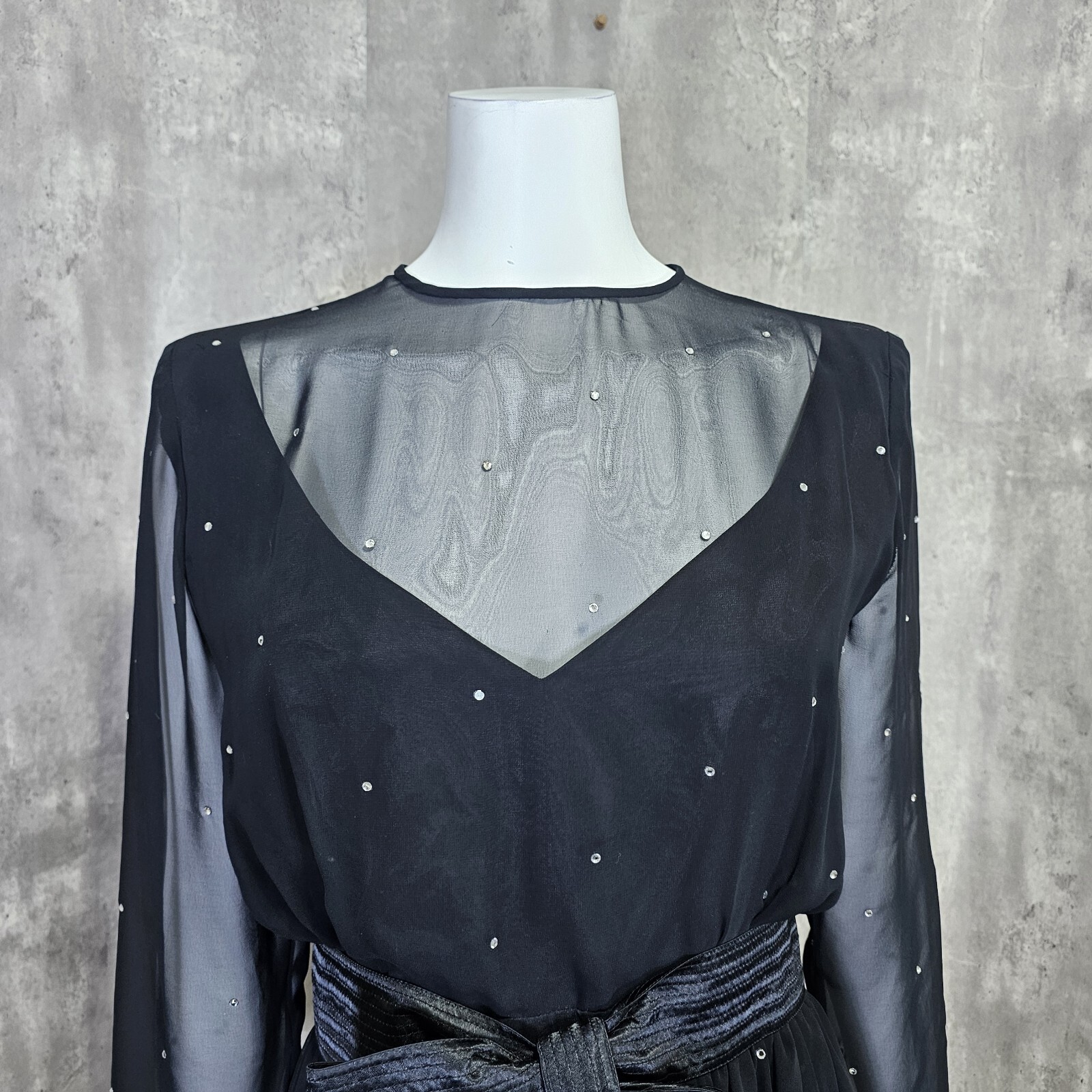 Vintage 80s Henri Bendel Liancarlo Illusion Neckline & Sleeves Black Dress Bow
