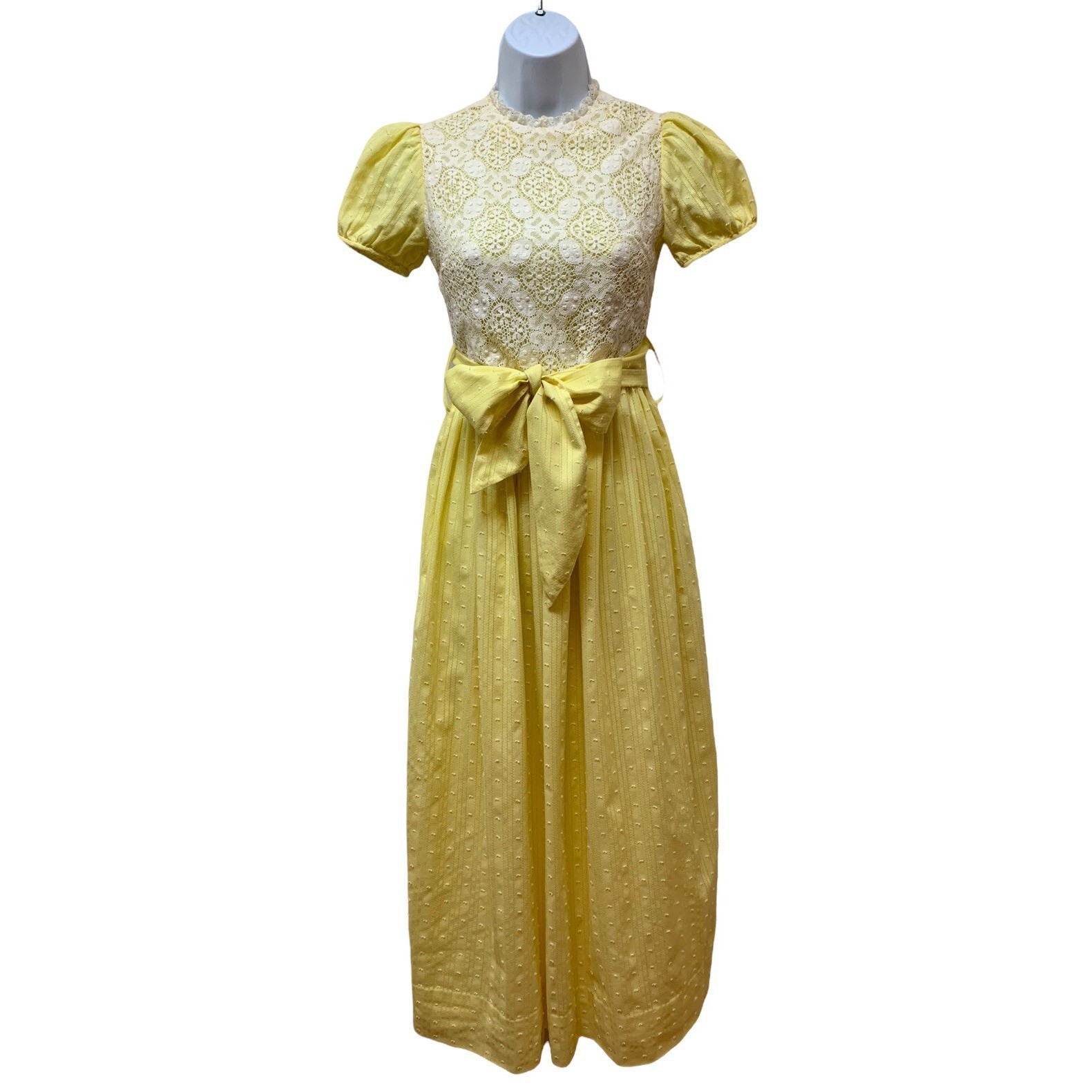 Vtg Yellow Swiss Dot White Lace Cottagecore Tea Dress Puff Cap Sleeve Metal Zip