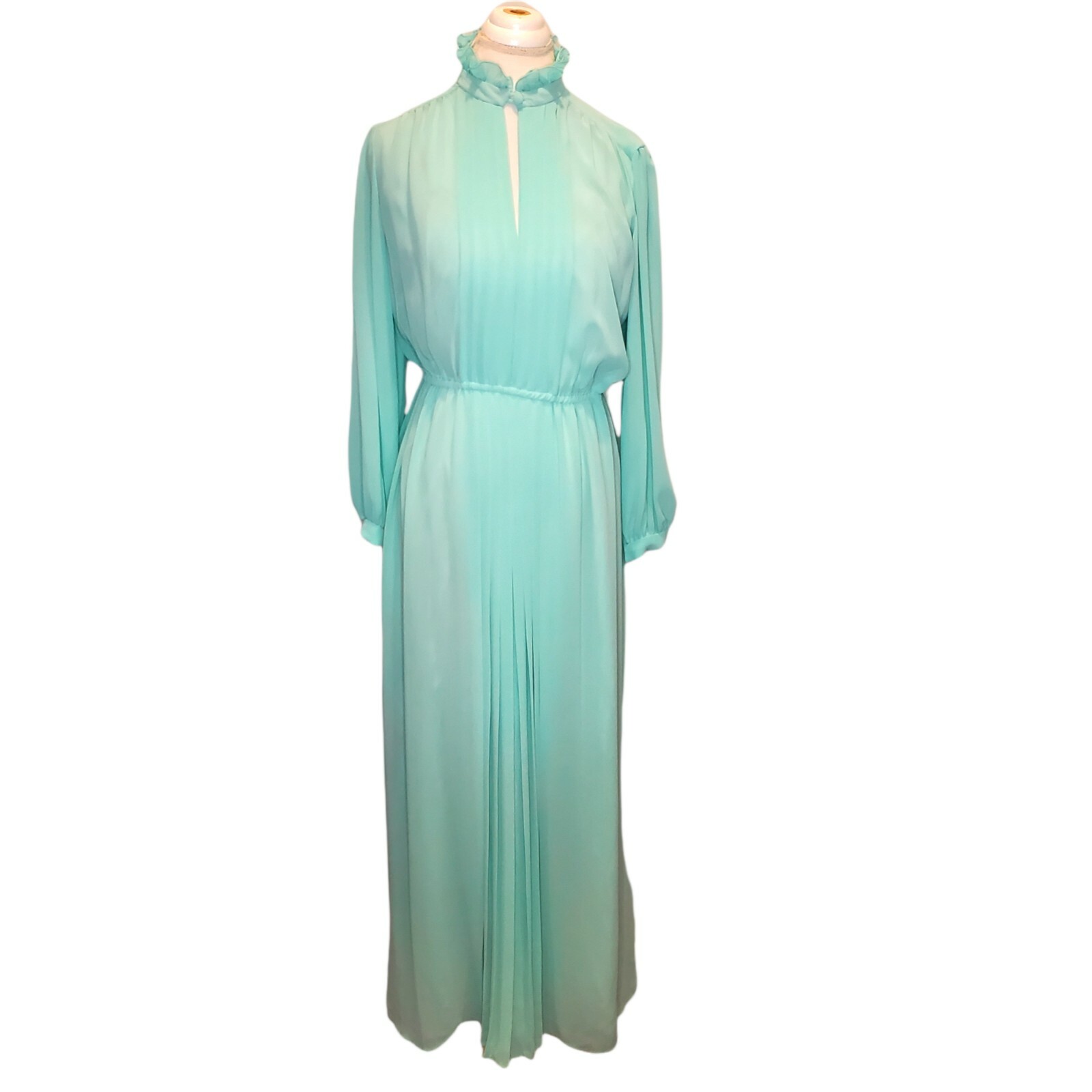 Medium 8 10 Mint Green Sheer Maxi Hostess Dress Longsleeve W Slip VTG 70s