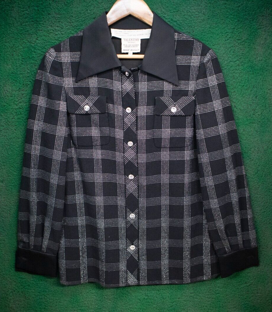 Vtg 1970’s VALENTINO Boutique Black Diamond Button Up Top Size 12 Wool Italy