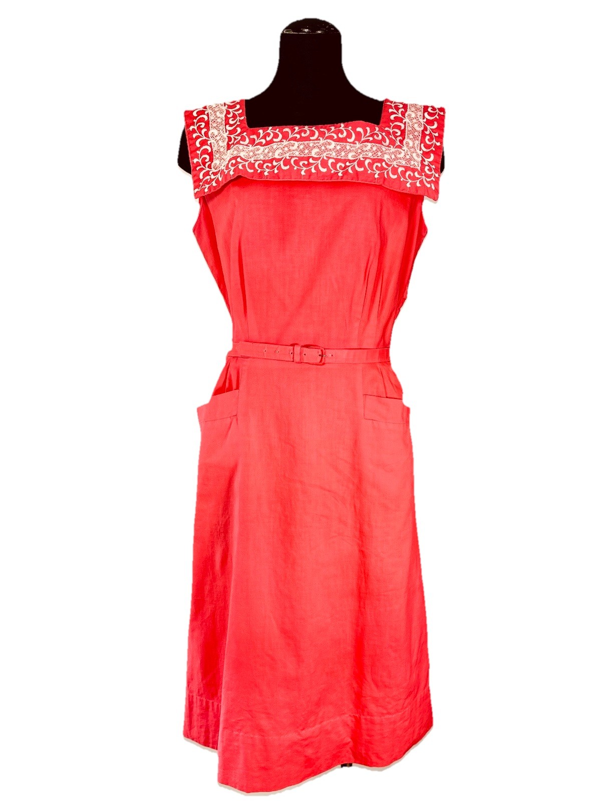 Vintage 50s Coral Fit & Flare Day Dress Embroidered Square Collar Pat Perkins