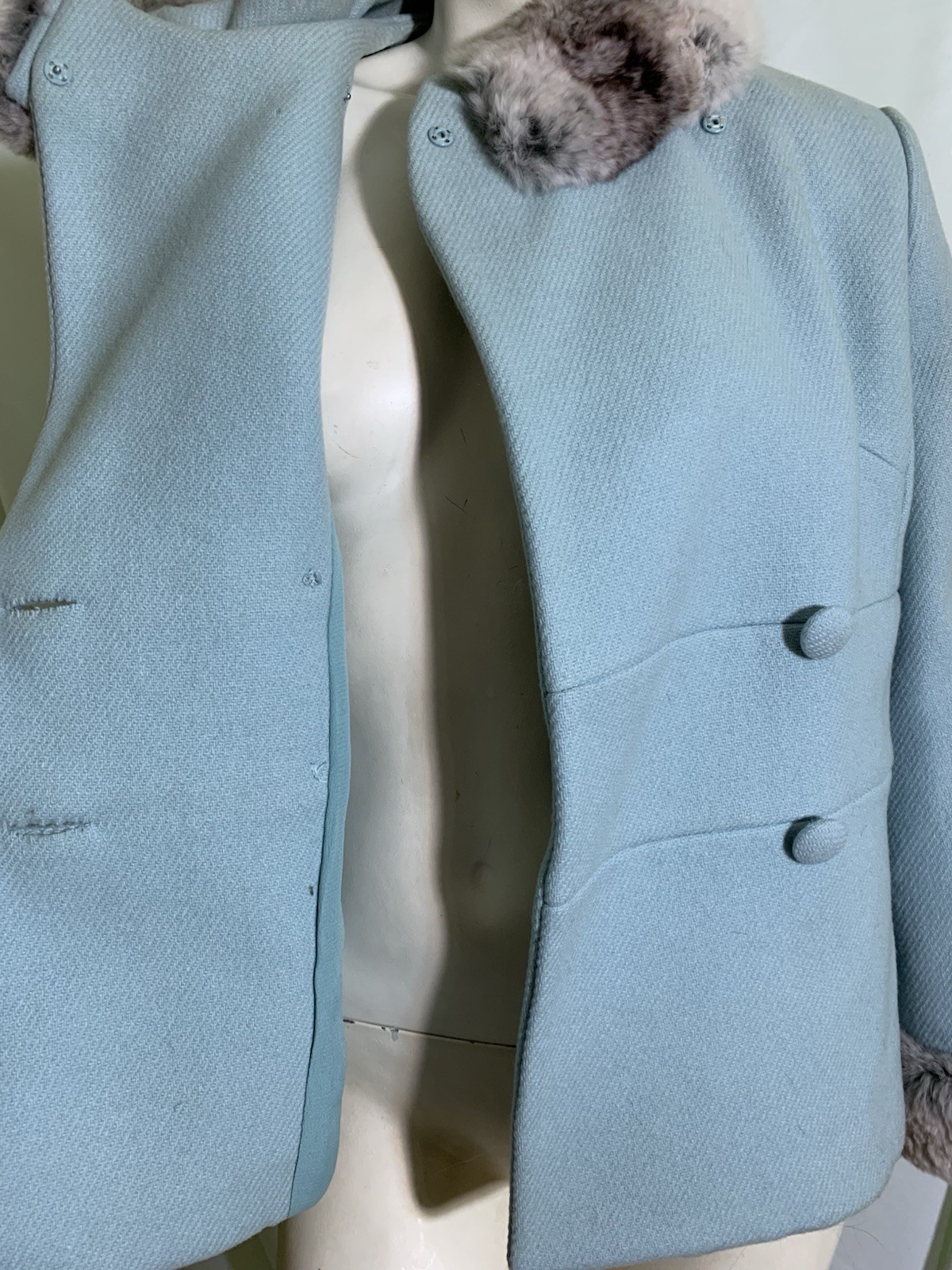 True Vintage Robin’s Egg Blue Wool 1960s Jacket Chinchilla Fur Trim S