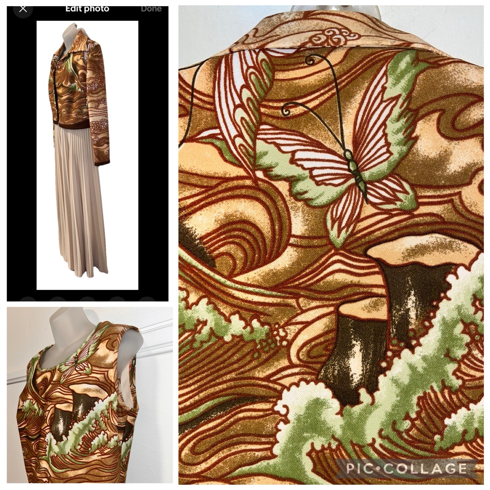 Vtg 1970s Nouveau Wave Butterfly LESLIE FAY Knits Maxi Dress + Jacket Set Sz 18