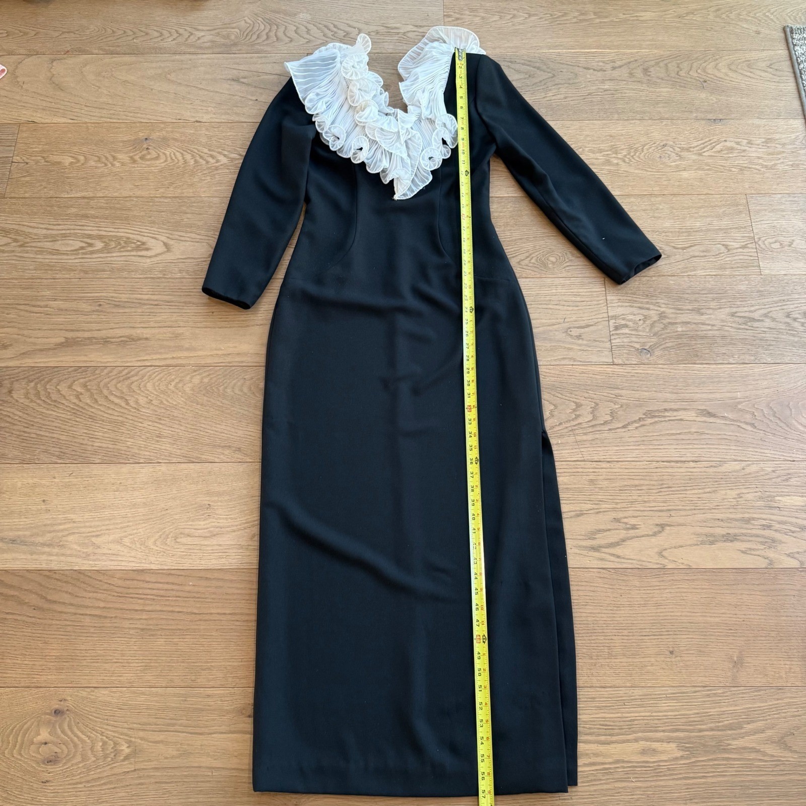 Vintage Jack Bryan Black Formal Gown with White Pleated Ruffle Collar Size 10