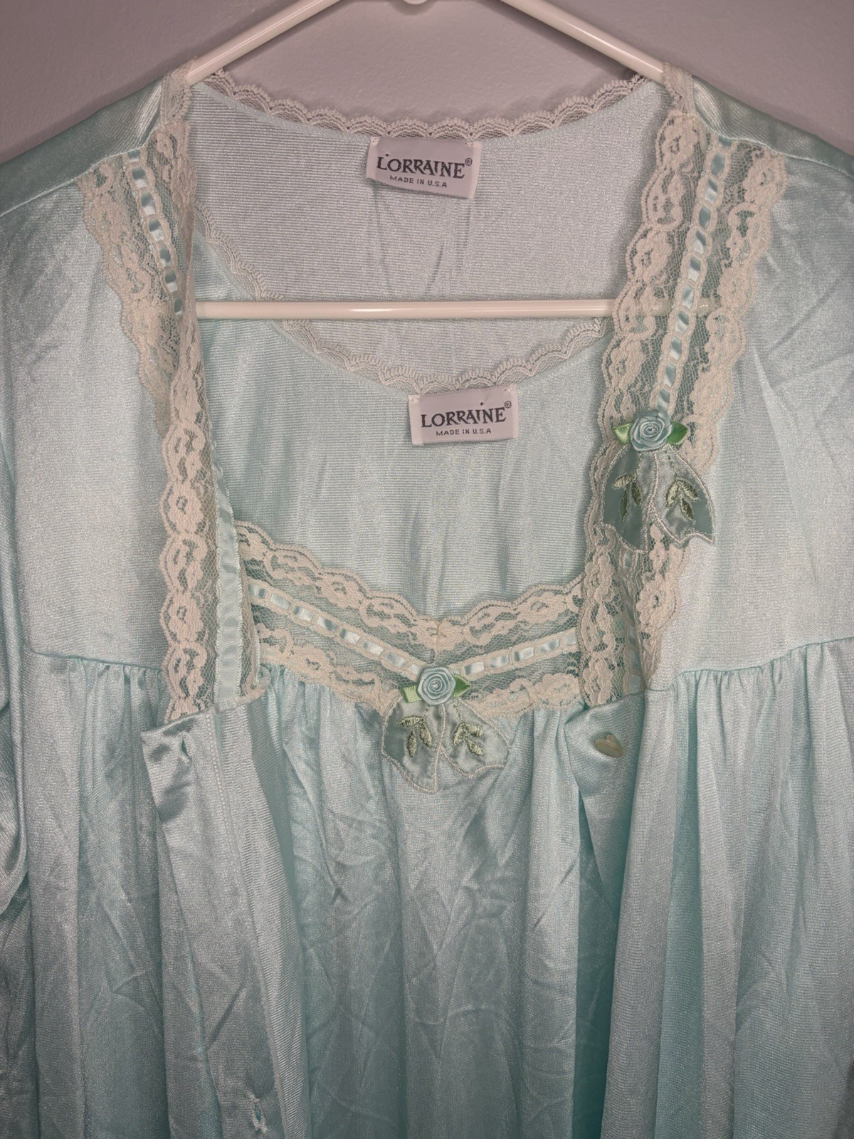 Vintage Lorraine Peignoir Set Nightgown Pale Blue Floral And Lace Detail NWT L