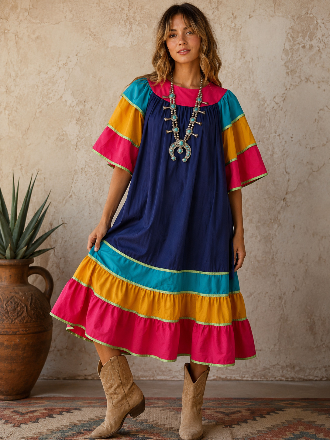 Vintage 70s Krist Gudnason Patio Fiesta Tiered Mexican Caftan Midi Dress Large
