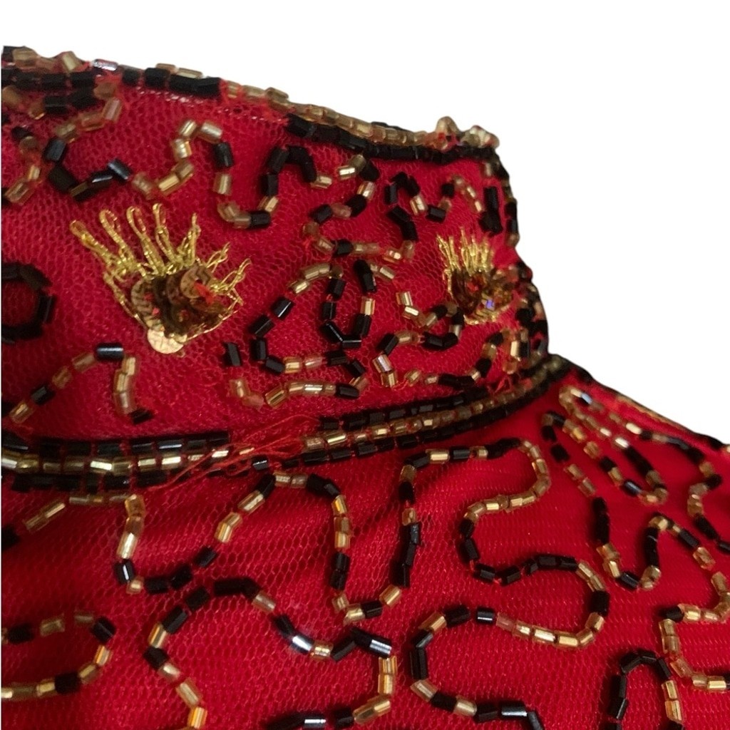 Vntg 90’s Marina red, gold and black beaded high neck short sleeved top sz small