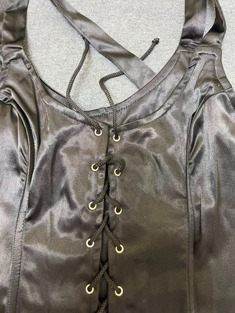 Vintage Frederick’s of Hollywood Black Satin Lace-Up Corset Tank Top Size Small
