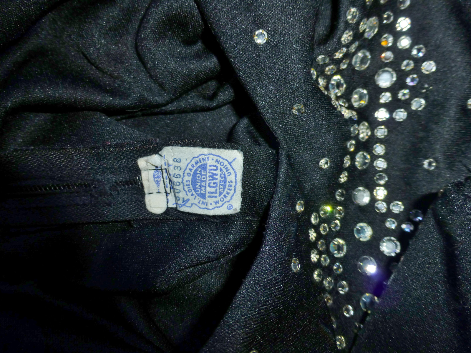 Vtg 70s Black Jersey Knit Rhinestones Boho Empire Disco Evening Maxi DRESS GOWN