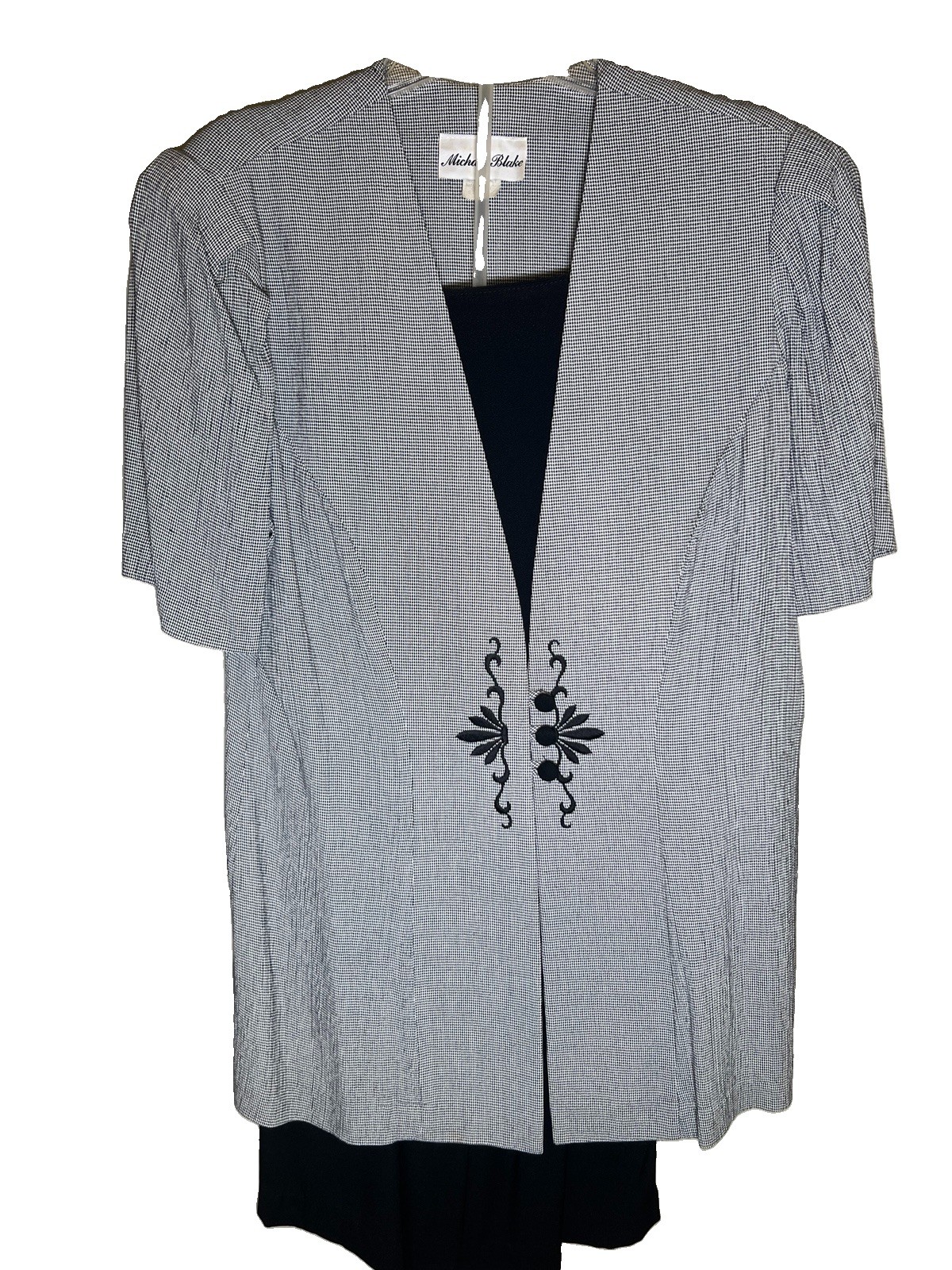 Vtg 90s Michael Blake Jacket Dress Set Black White Micro Check Embroidered Sz 12