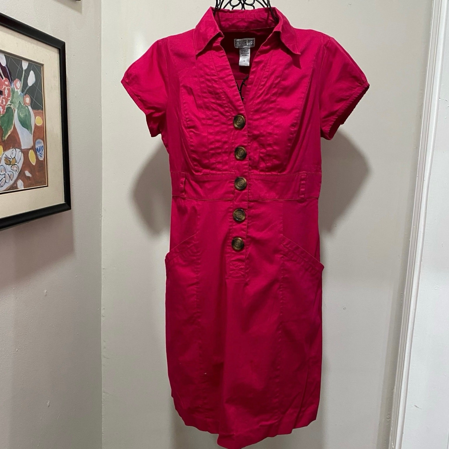 Vintage Robbie Bee Mini Dress Size 12 Fuchsia Pink Snap Closure Collared 1980s