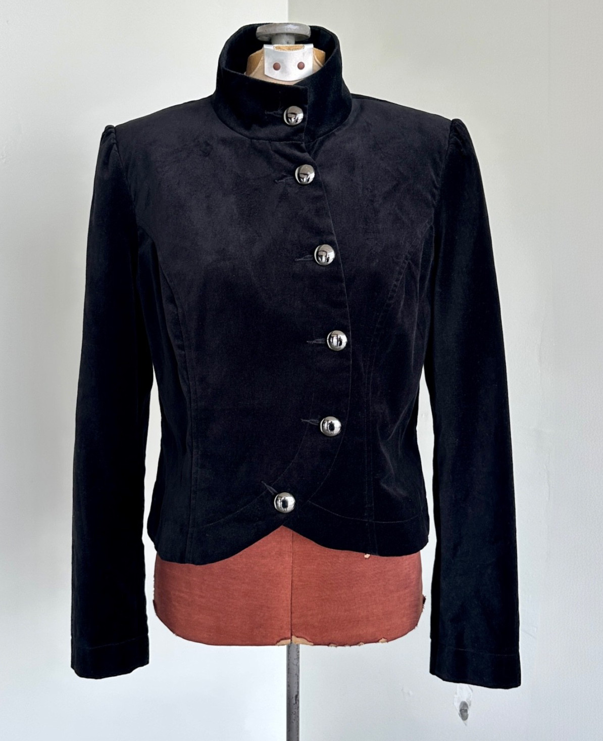Womens Black Velvet Cropped Military Jacket Vintage Y2K Deadstock Short Jacket