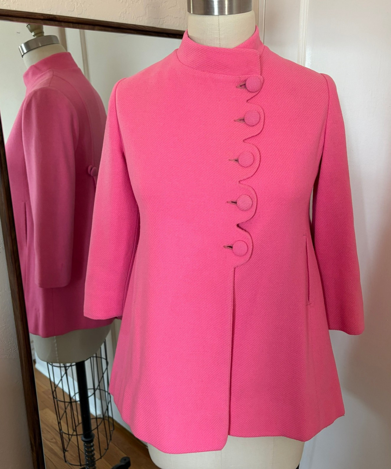 Vintage 1960s Mod Swing Jacket Hot Pink Chevron Twill ILGWU Union Made Coat Sz S