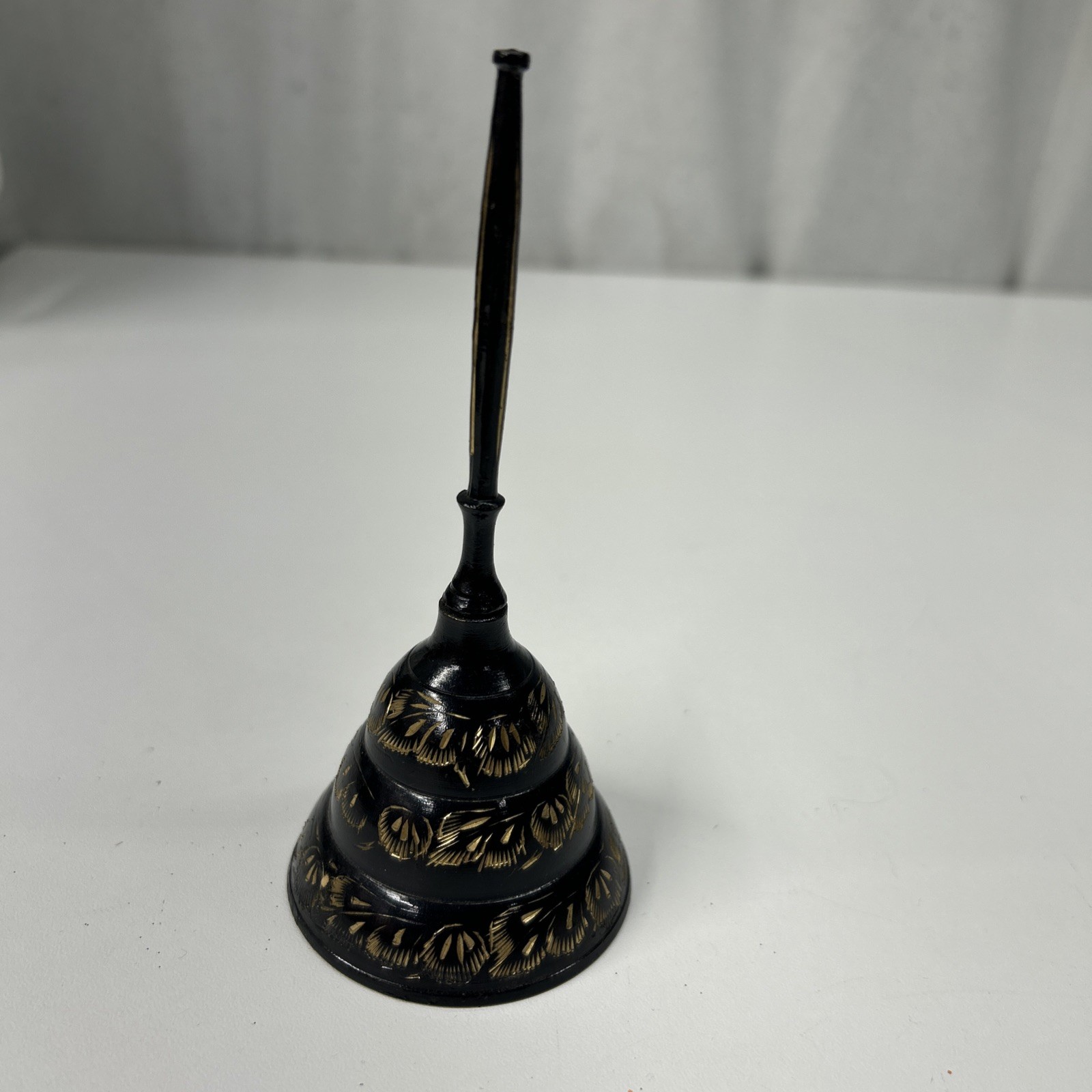 VTG Etched Black Gold Brass Hand Bell Skinny Handle India