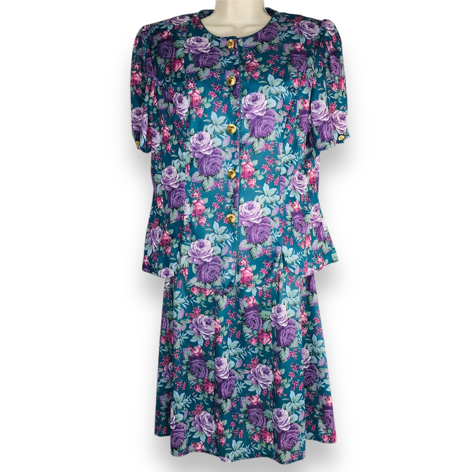 Vintage 80s Whirlaway Frocks 2 Pcs Set Floral Blouse Top Skirt Women Size 16P