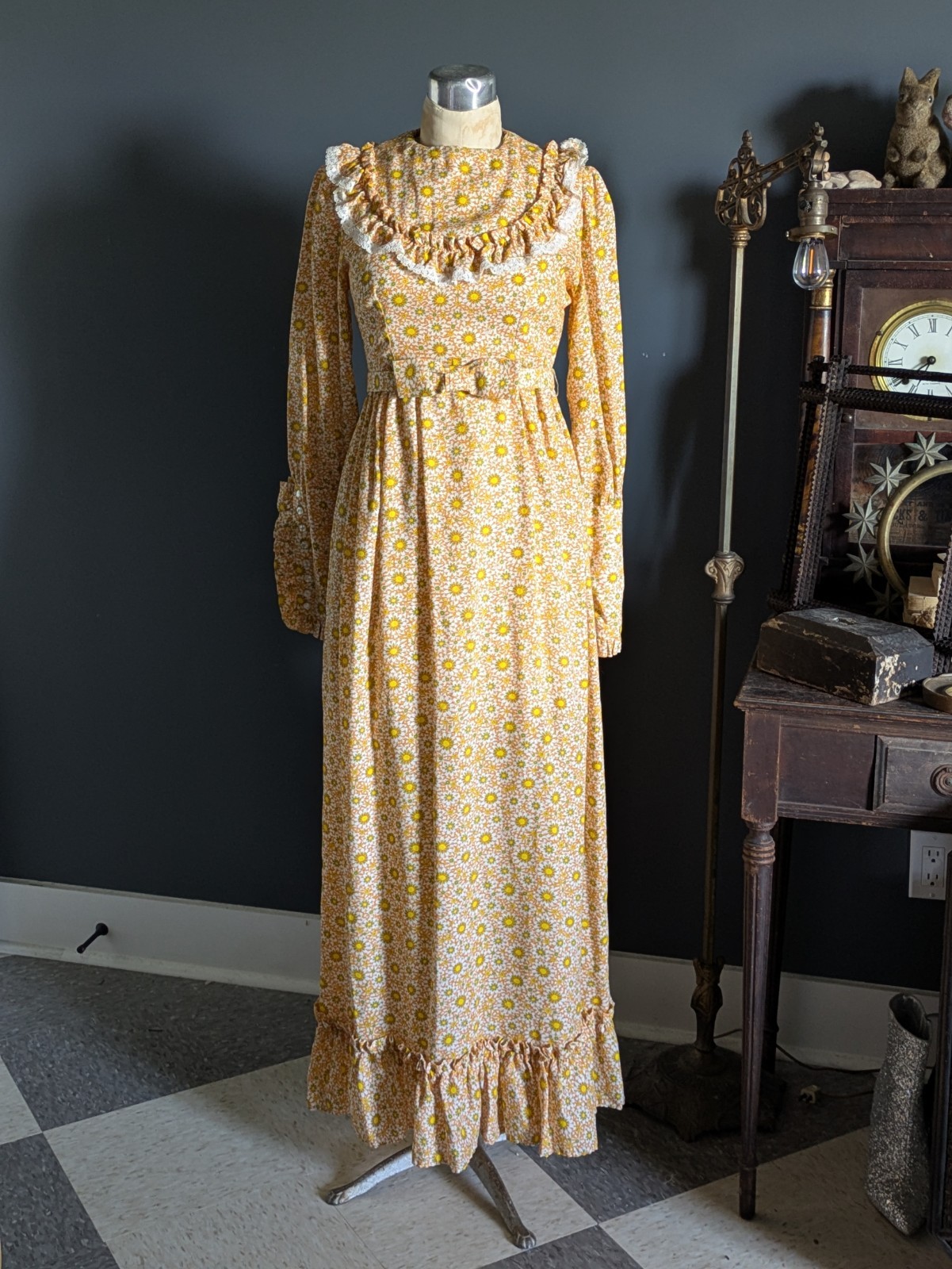 Vtg 1970 Psychedelic Floral Prairie Hostess Dress Yellow Orange Daisy Print Maxi