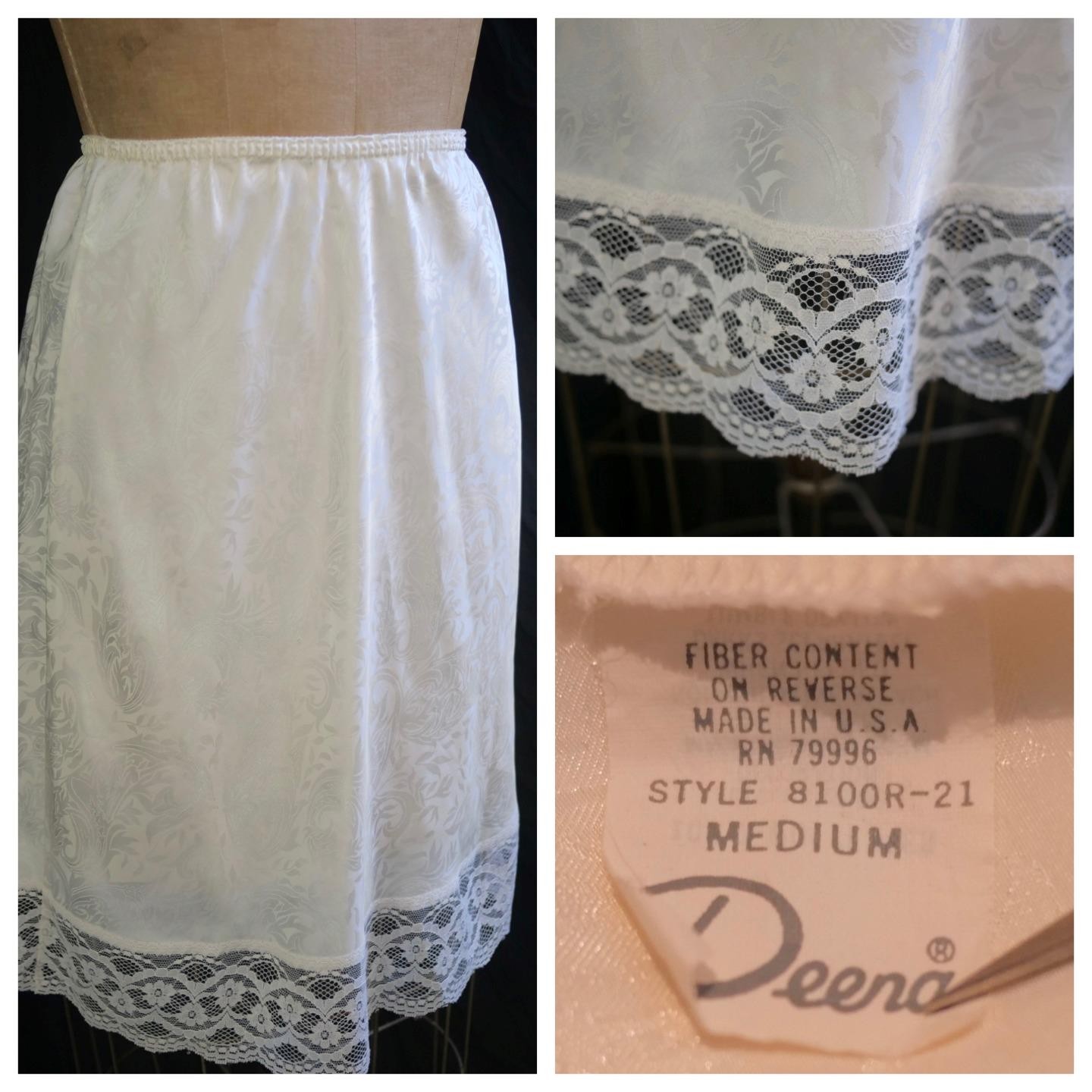 vtg 70s DEENA Cream Floral Jacquard Half Slip LACE USA M Pin-Up Cottagecore EUC
