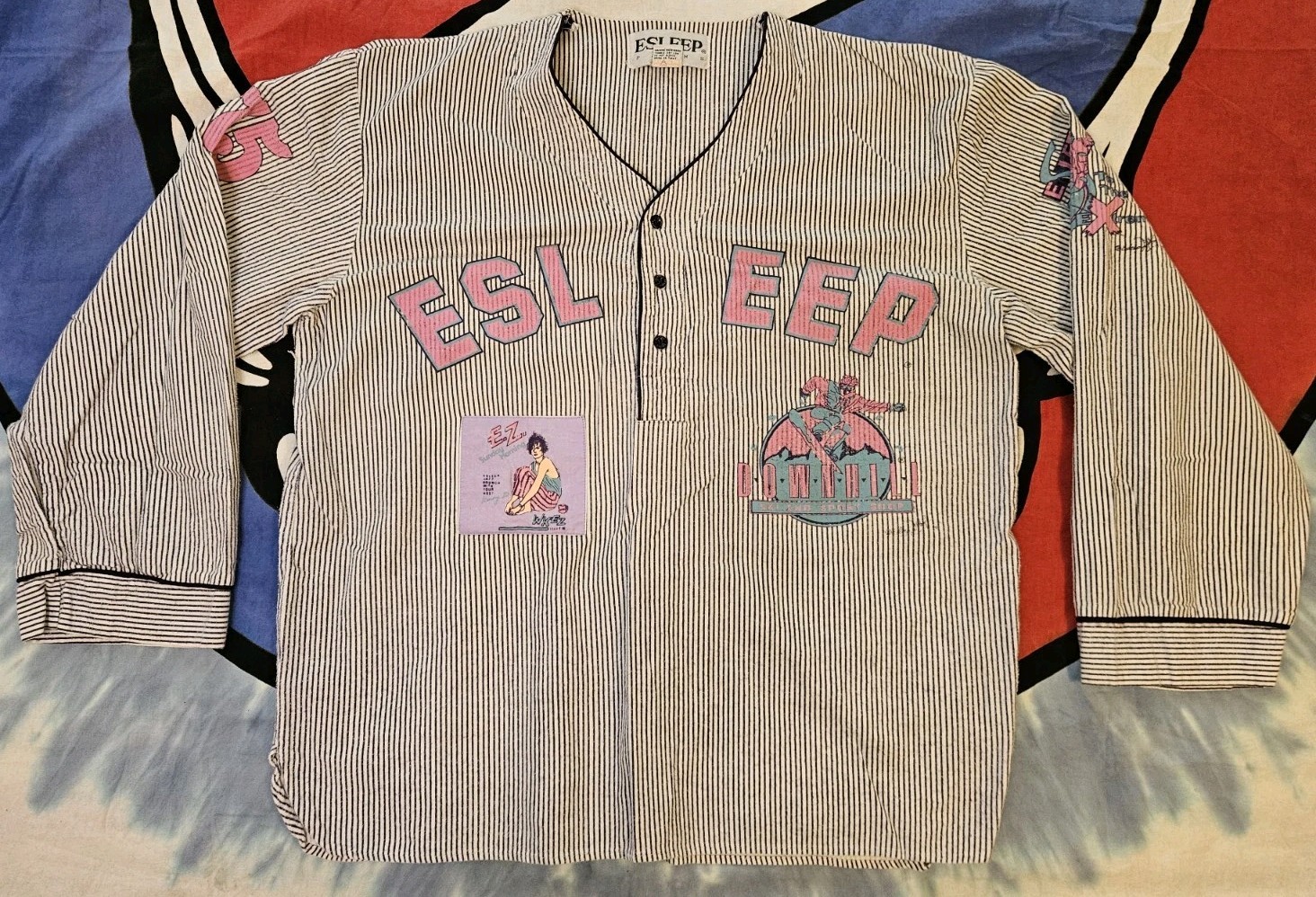 Vintage 90s Esleep Pajamas Set Neon Print Baseball Jersey Drawstring Pant Cotton
