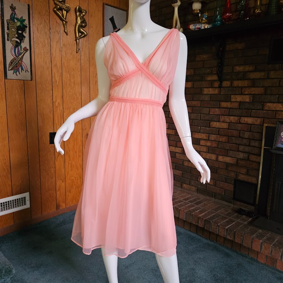 Vtg 60s Candy Pink Sheer Double Chiffon Grecian Pinup Nightie Pajama Dress S/M