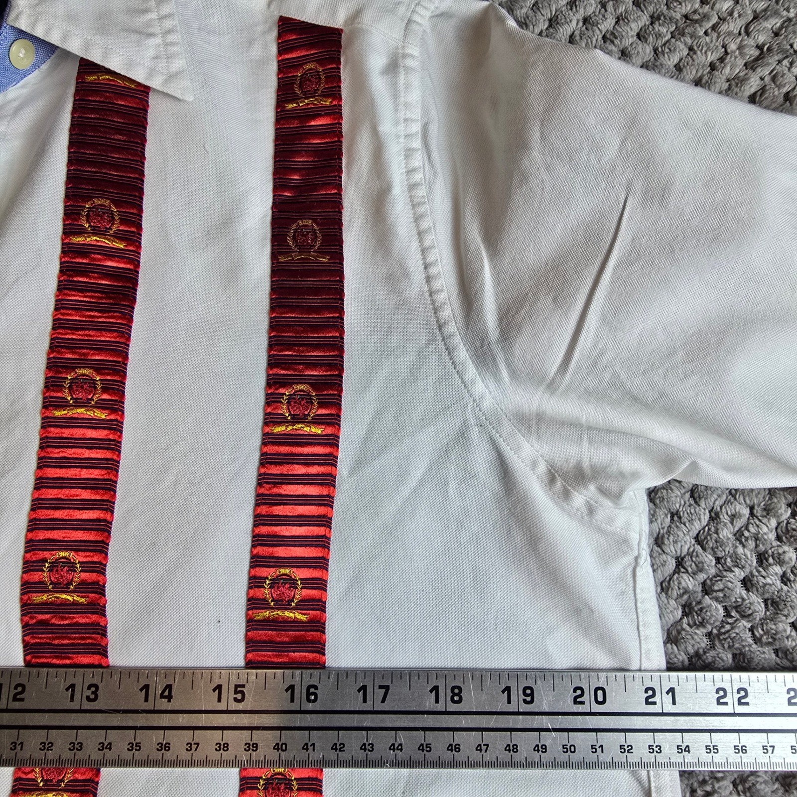 Vintage Tommy Hilfiger Striped Button Up Shirt White Red Ribbon Crest Size 4