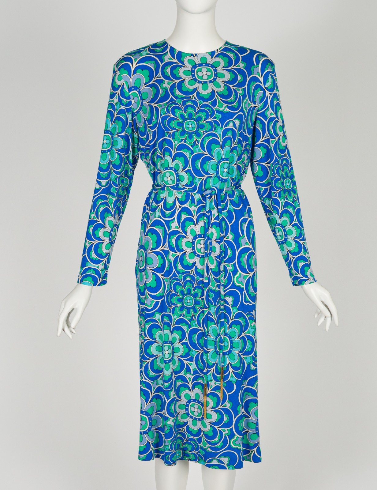 Averardo Bessi 1980s Geometric Floral Print Blue Green Silk Jersey Vintage Dress