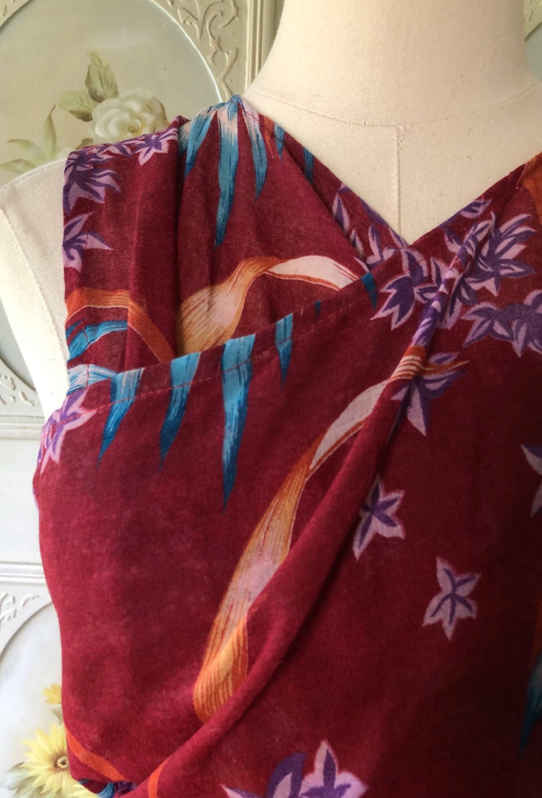 VTG COTTON VOILE SHEER MAROON RED ALOHA SARONG WRAP DRESS BEACH COVER UP FLORAL