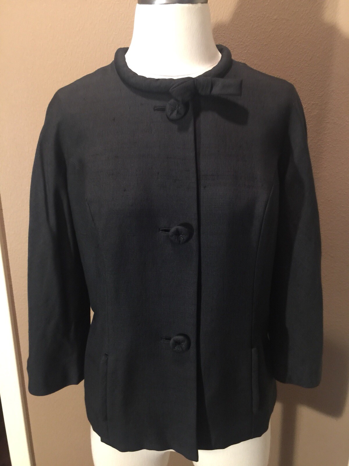 Vintage Retro 10/12 L Black Collarless Jacket W 3/4 Sleeves & Pockets