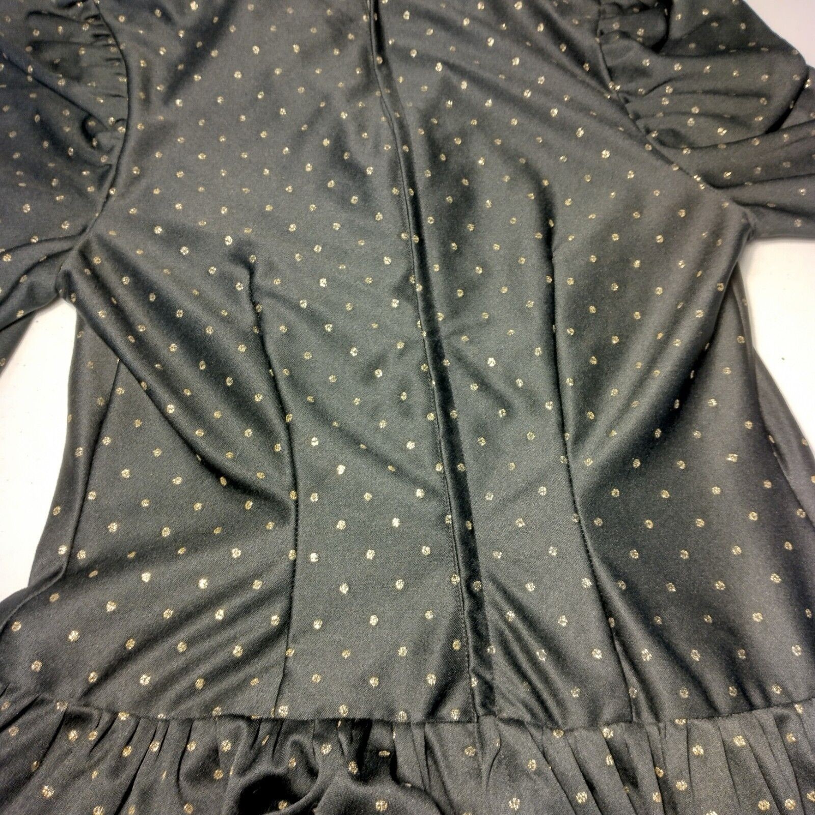 Vintage 1980s Homemade Dress Black Gold Metallic Polka Dot Drop Waist Party Nerd