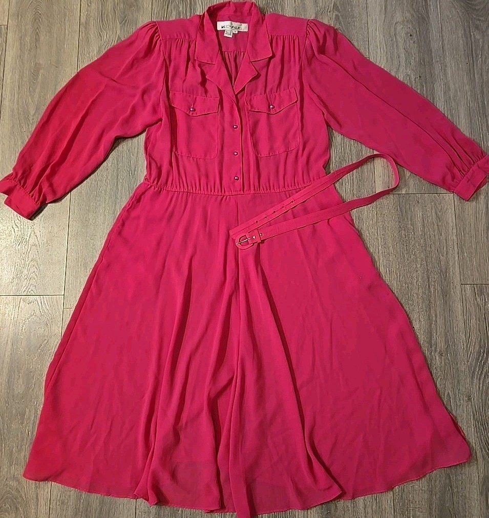 Vintage 1980s Ms Chaus Pink Belted Secretary Dress Size 12 Silky Button Down