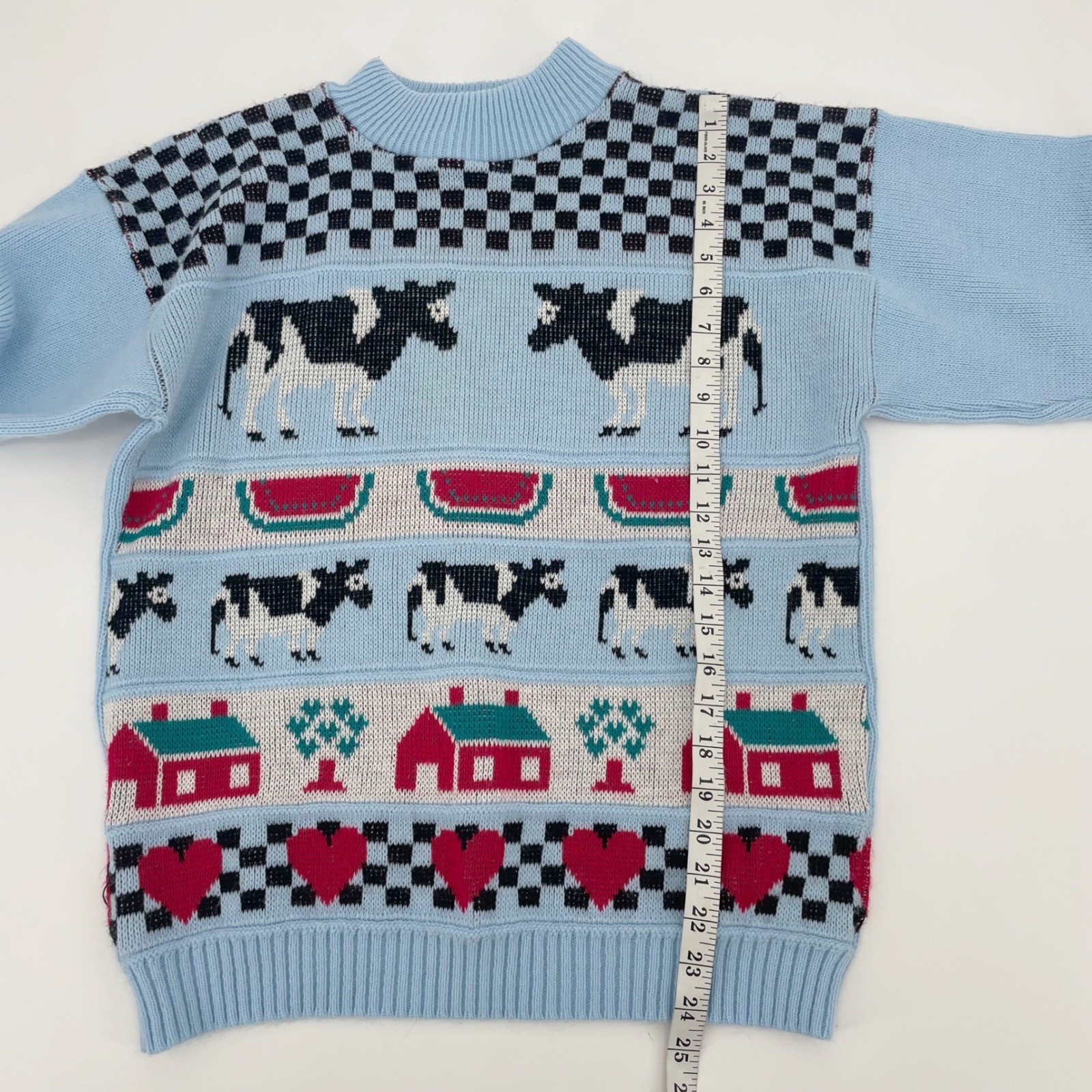 VTG Adele Knitwear Vintage Cow Watermelon Cottagecore Sweater Blue Made in USA