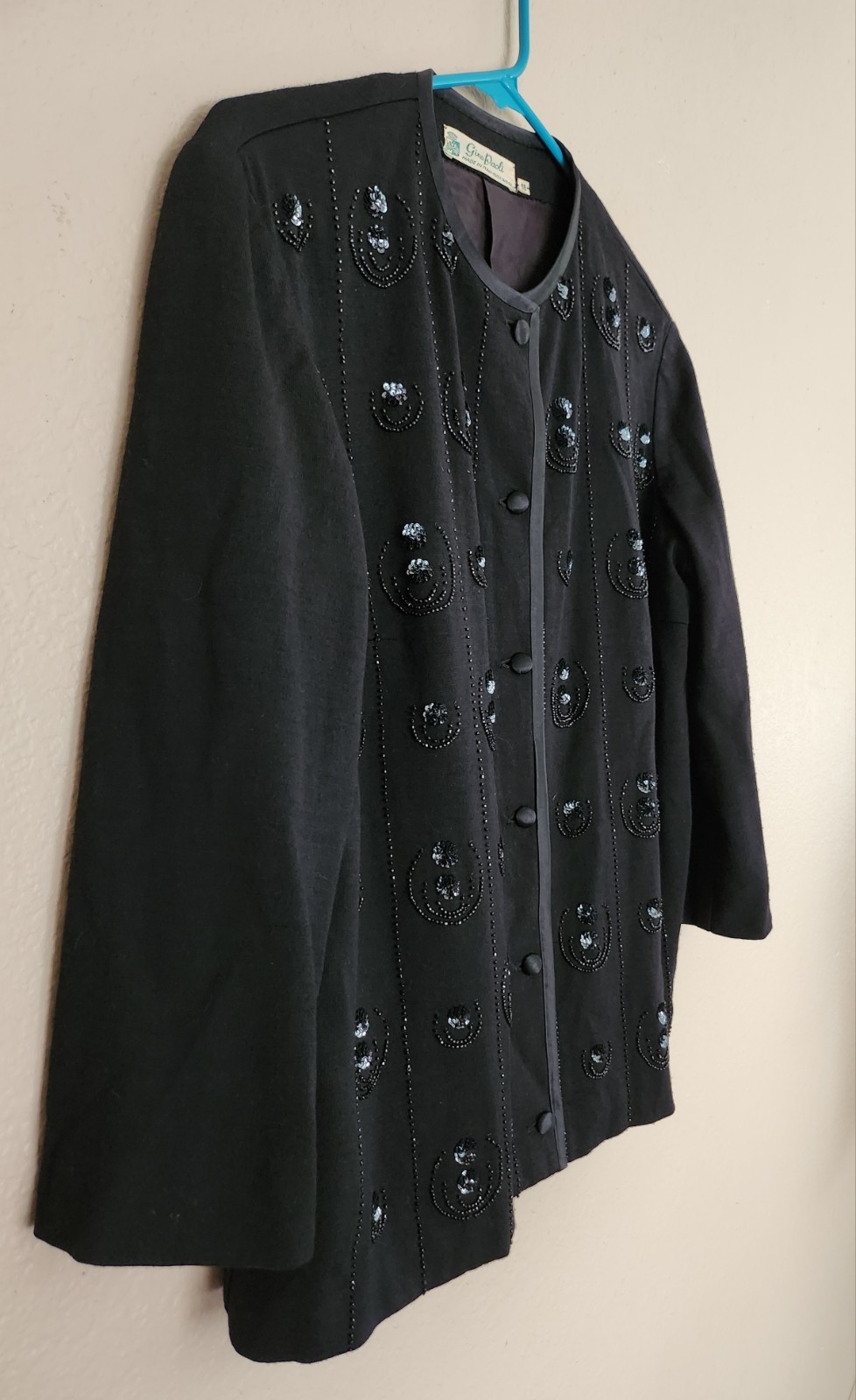 Vintage Gino Paoli Sweater Beaded Black Wool Button Up Knit 3/4 Sleeve Lined