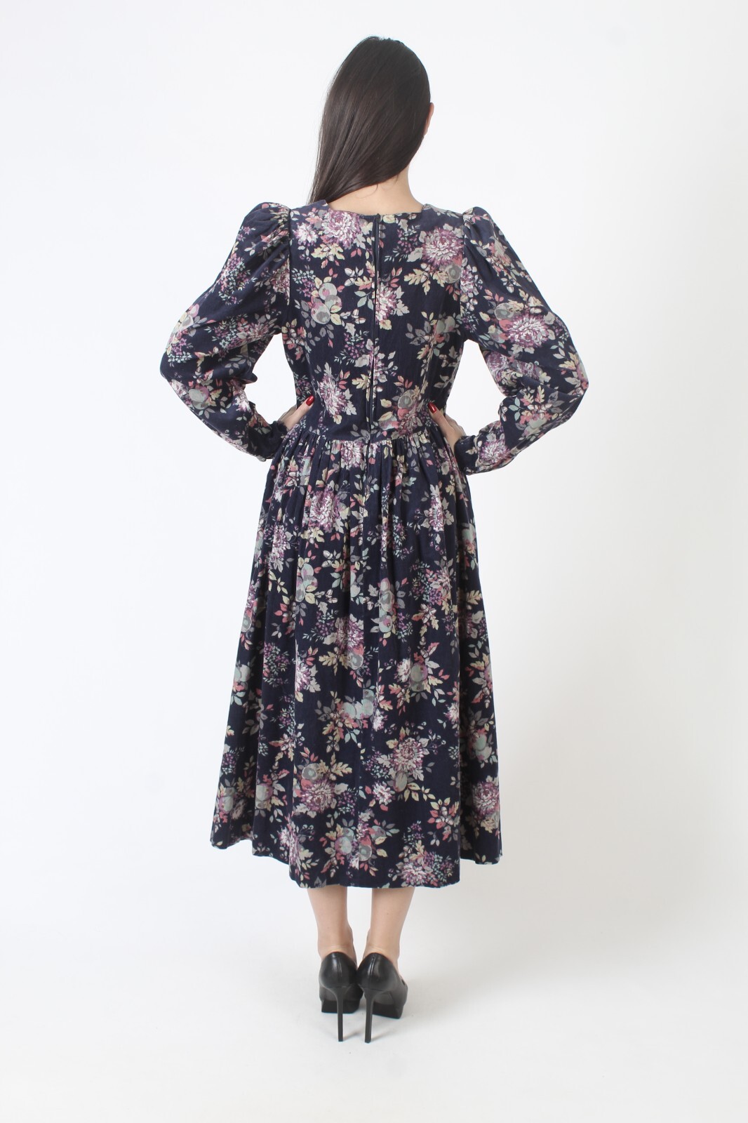 Vtg 80s Laura Ashley Corduroy Dress Floral Farm Cord Pockets Prairie Midi 12 10