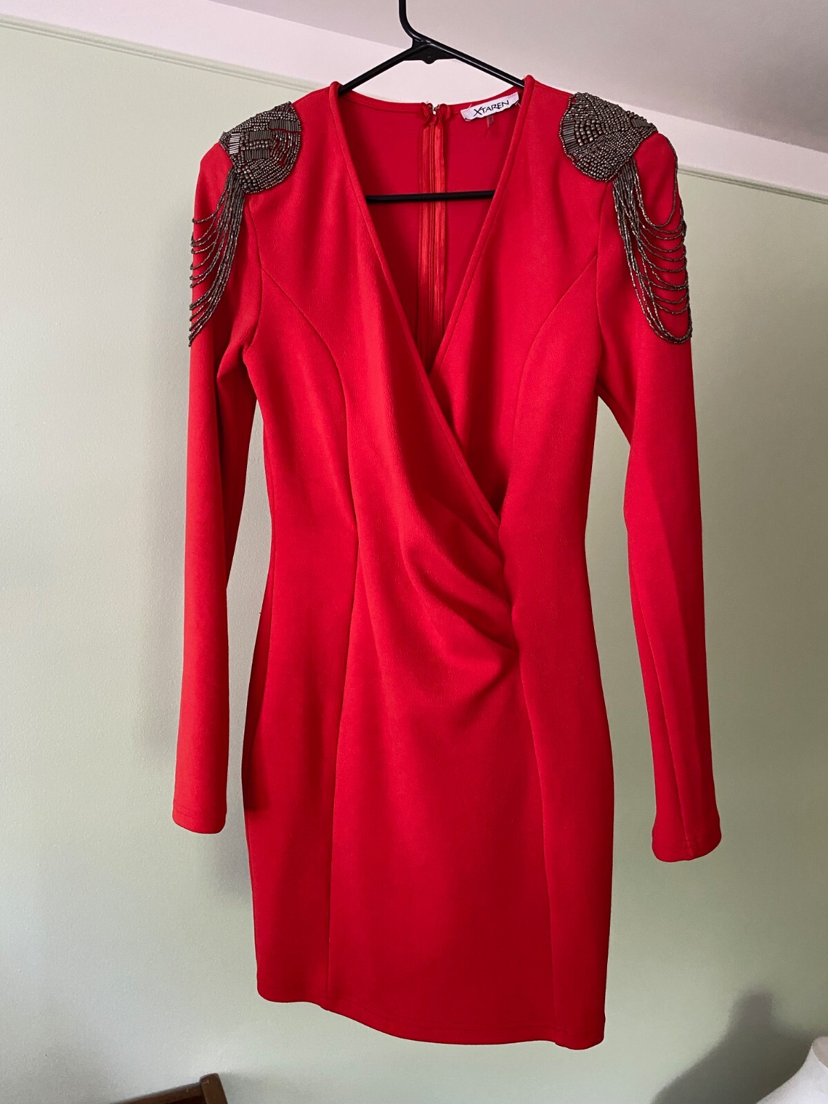 Vintage 1980s Shoulder Padded Red Metal Beaded Cap Sleeve Bodycon Dress