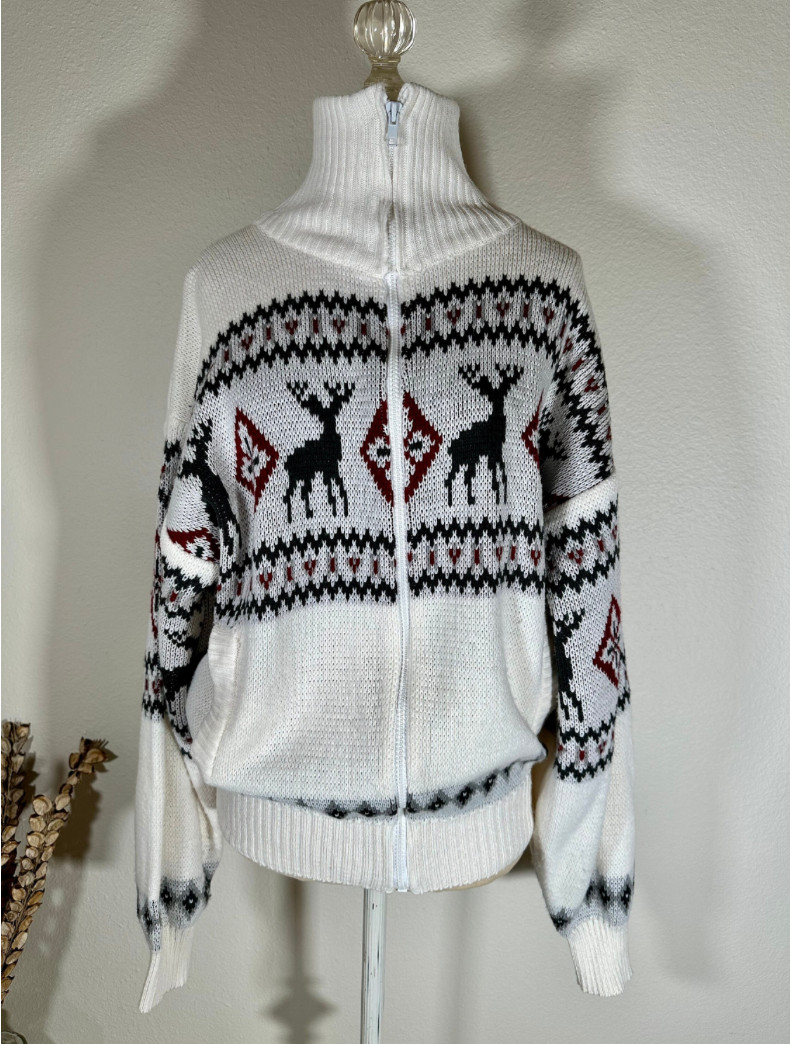 Vintage 90s Scandia Woods Cardigan Sweater Zip Front Deer Design Knit
