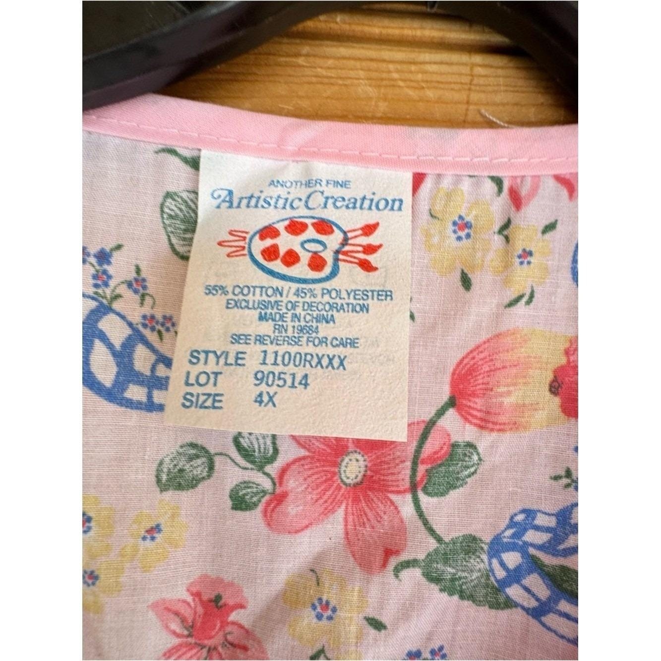 VTG Art Smock 4X Another Fine Artistic Creation Floral Pink Trim Pearl Buttons